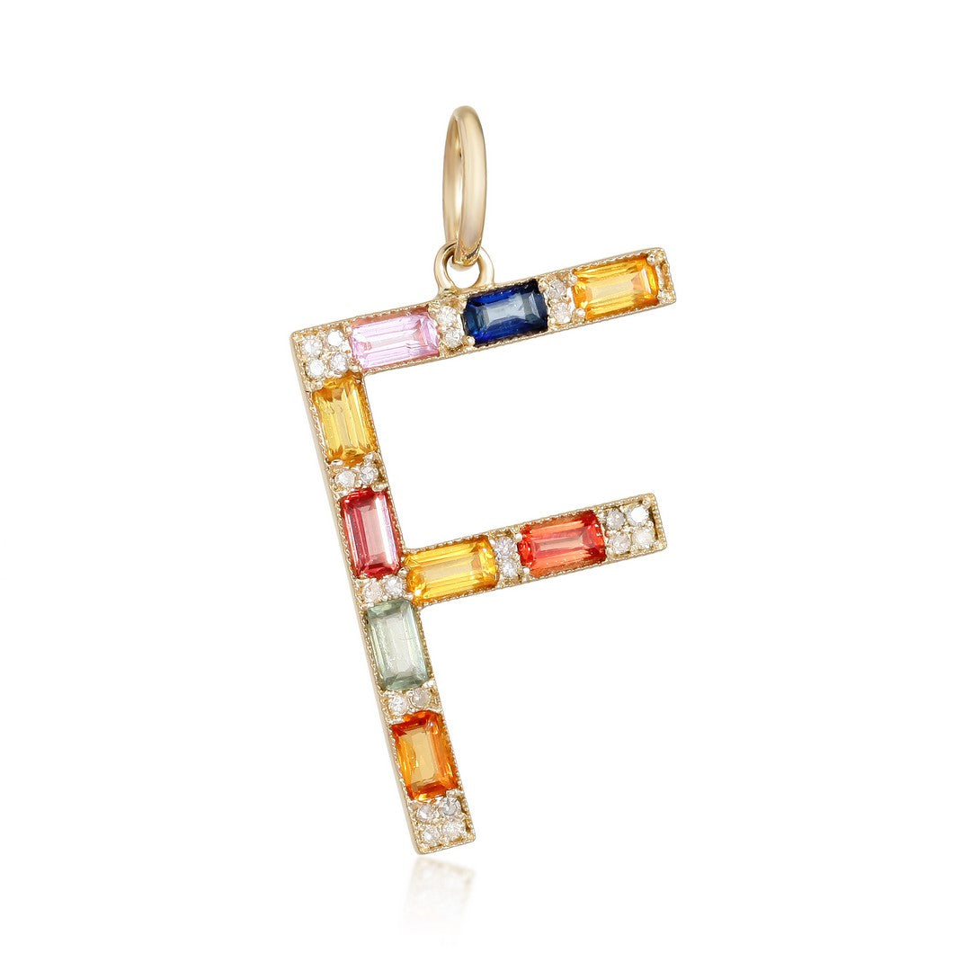 14K Yellow Gold Rainbow Gemstone & Diamond Letter F Pendant Charm
