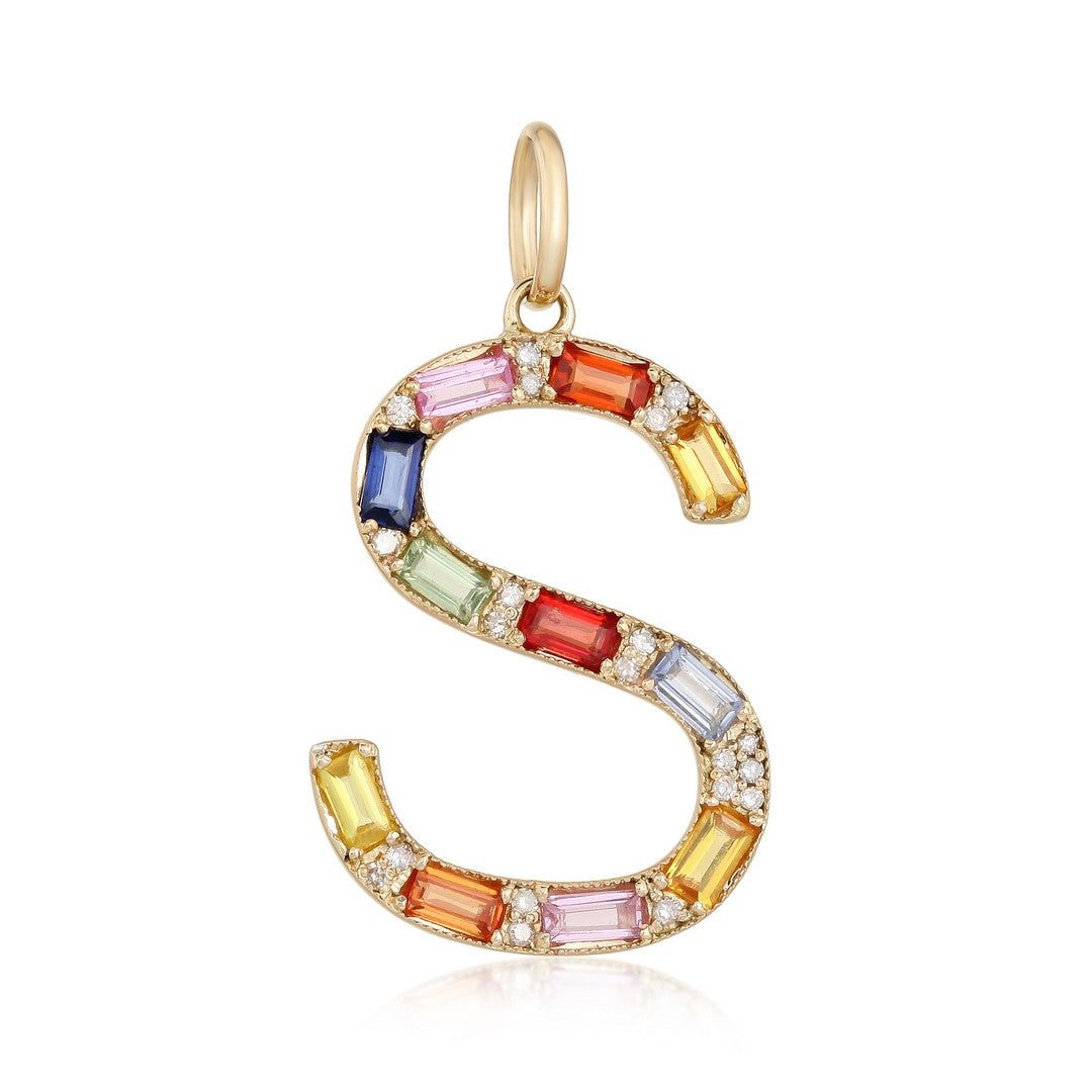 14K Yellow Gold Multi-Gemstone & Diamond Letter S Pendant Charm