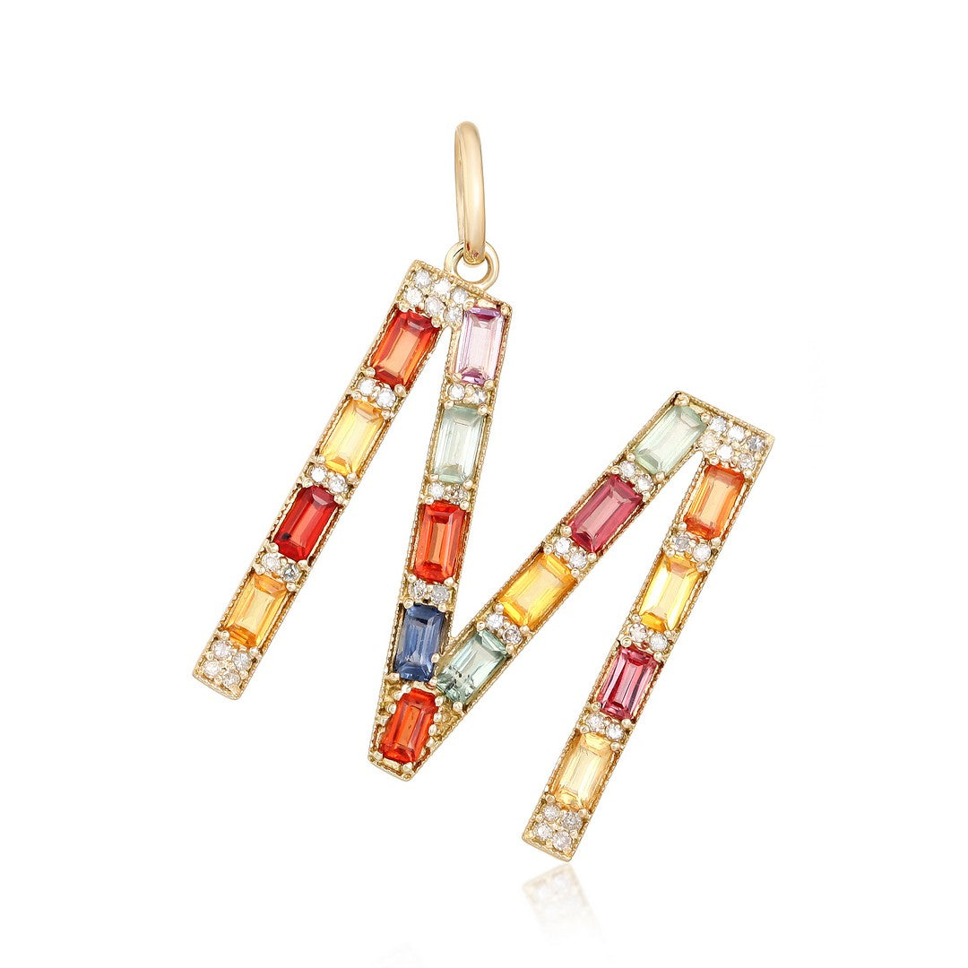 14K Yellow Gold Multi-Gemstone & Diamond Letter M Pendant Charm