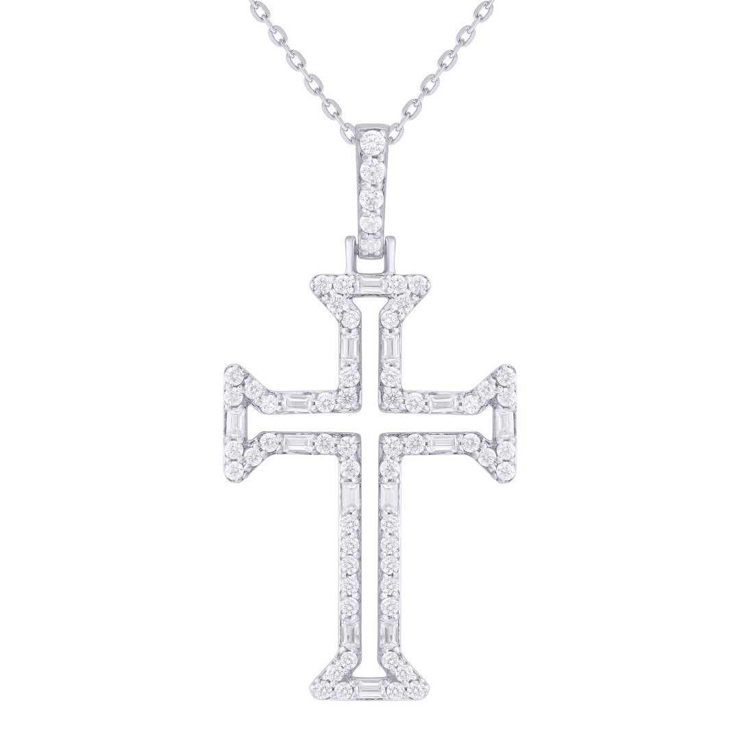 14K Yellow Gold Baguette & Round Diamond Cross Pendant Charm