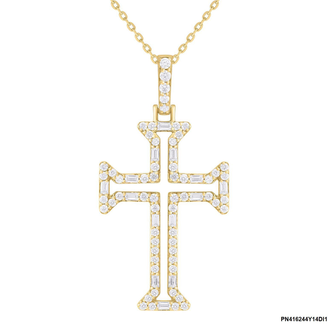 14K Yellow Gold Baguette & Round Diamond Cross Pendant Charm