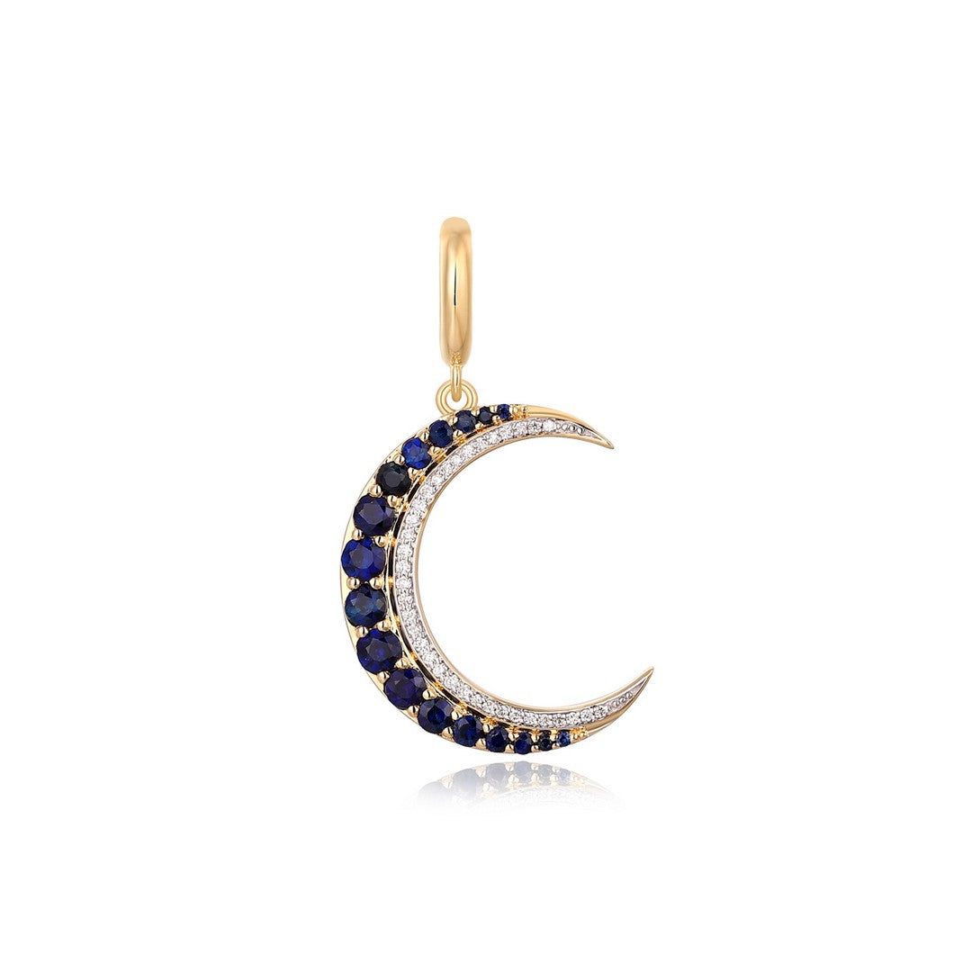 14K Yellow Gold Blue Sapphire & Diamond Crescent Moon Pendant Necklace