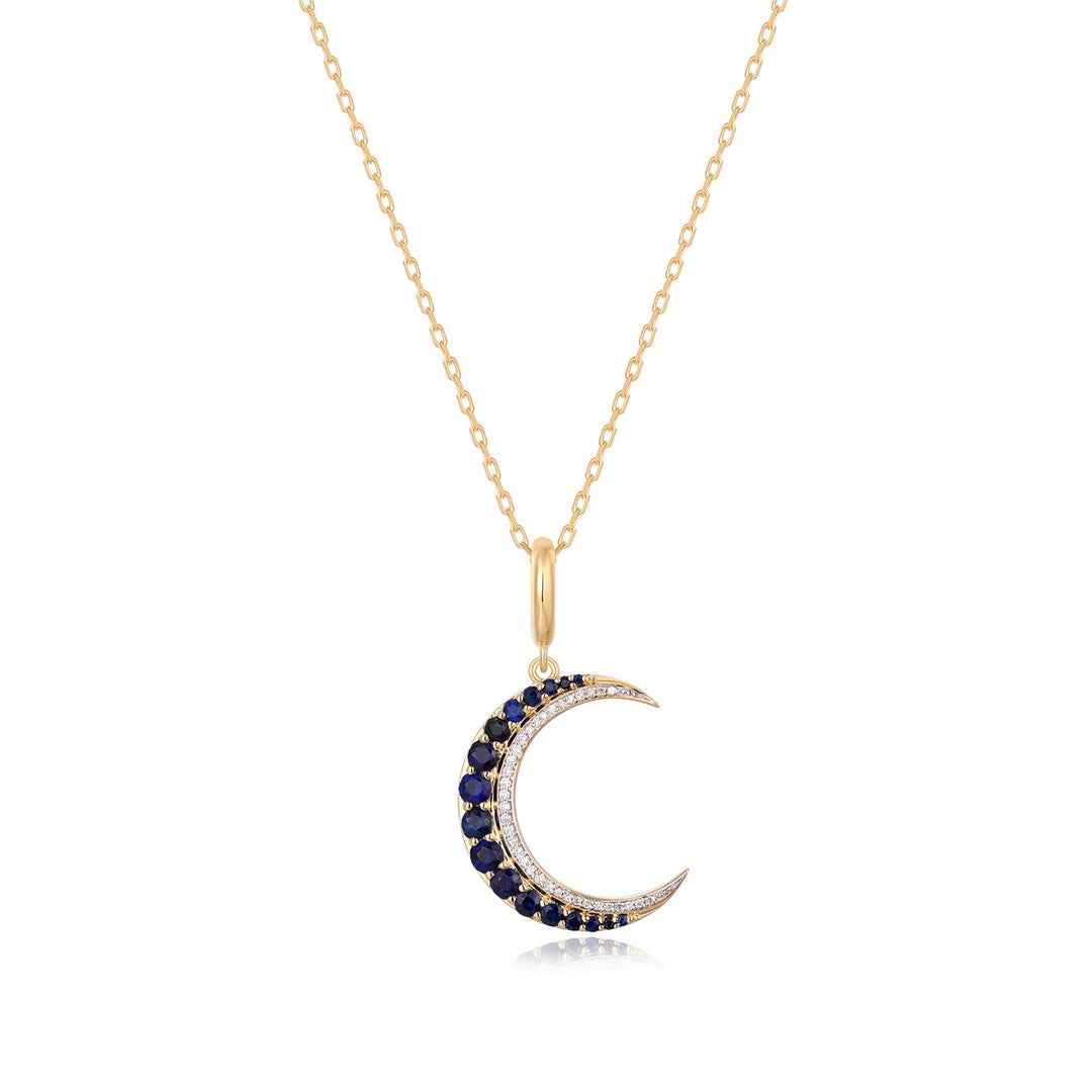 14K Yellow Gold Blue Sapphire & Diamond Crescent Moon Pendant Necklace