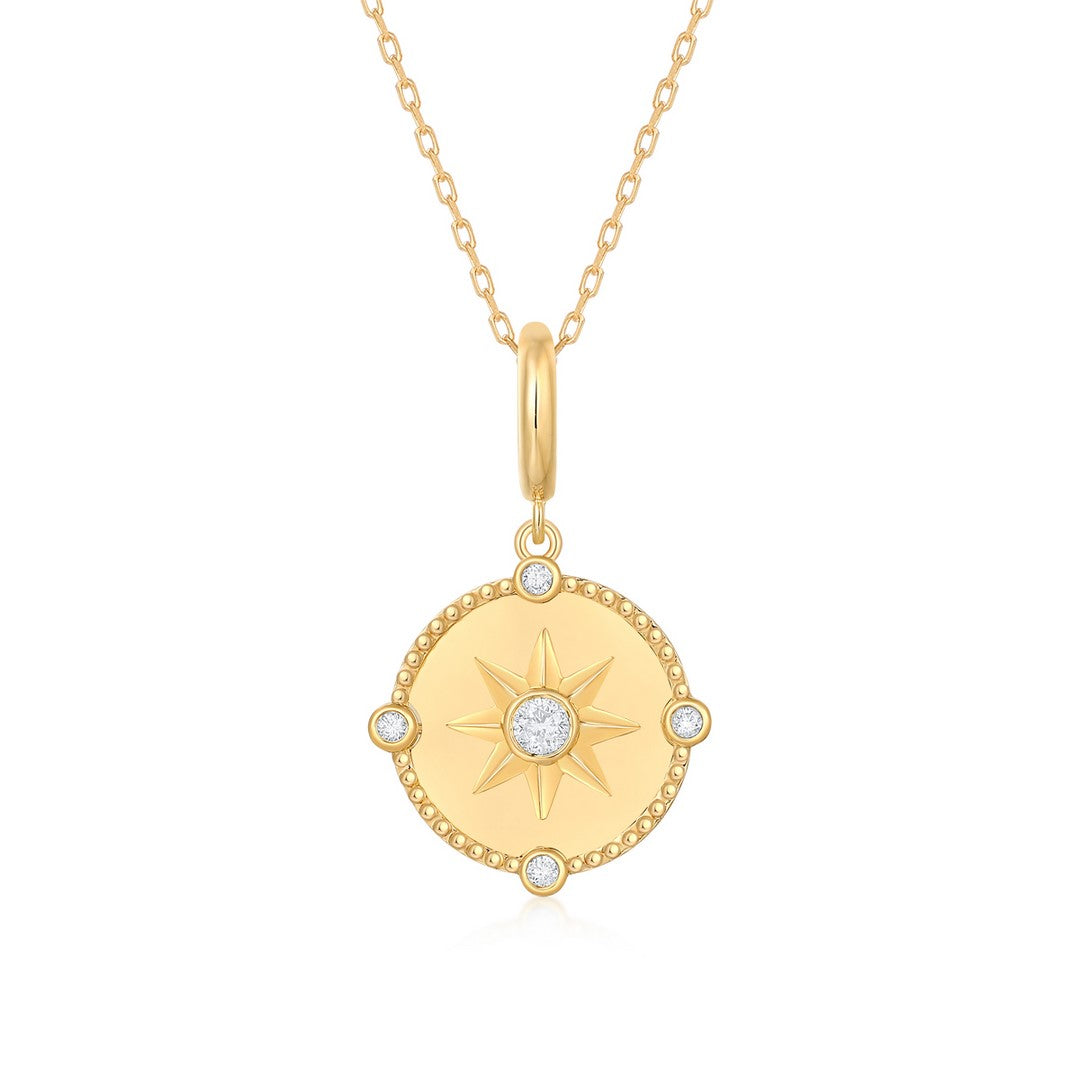 14K Yellow Gold Starburst Diamond Medallion Pendant Necklace