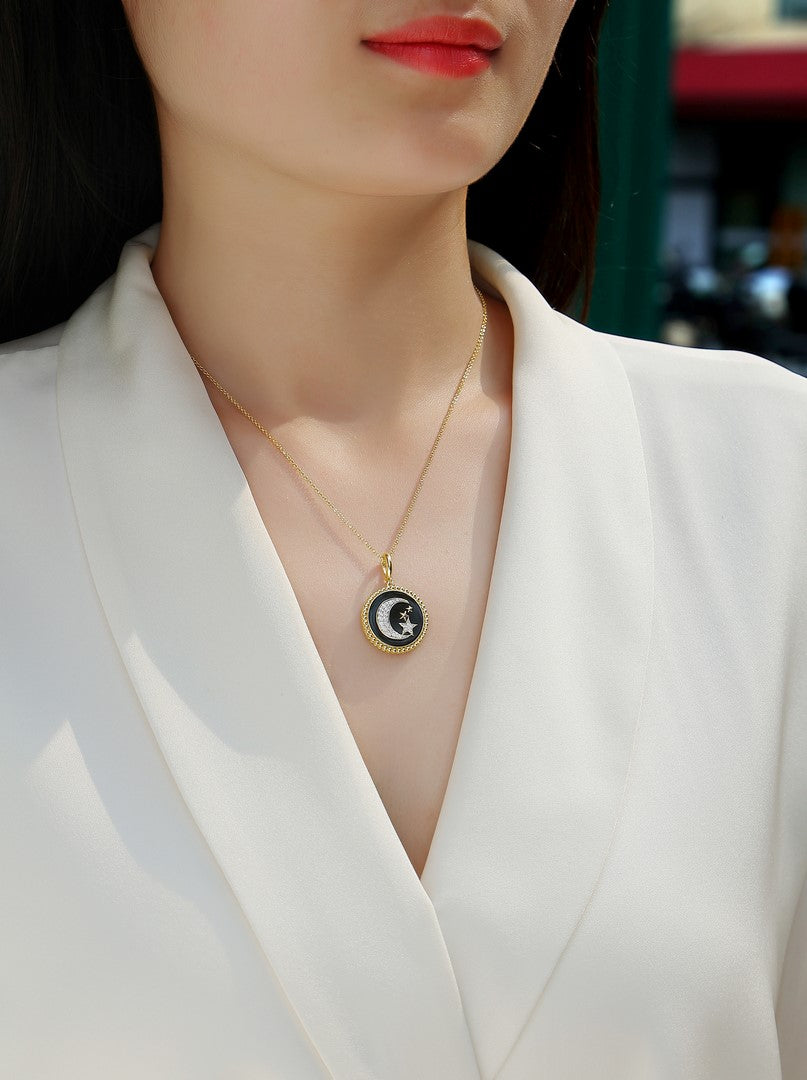 14K Yellow Gold Black Onyx & Diamond Pendant - 2.70 CT Onyx