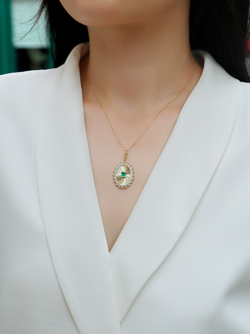 14K Yellow Gold Emerald & Diamond Pendant - 0.45 CT Emerald