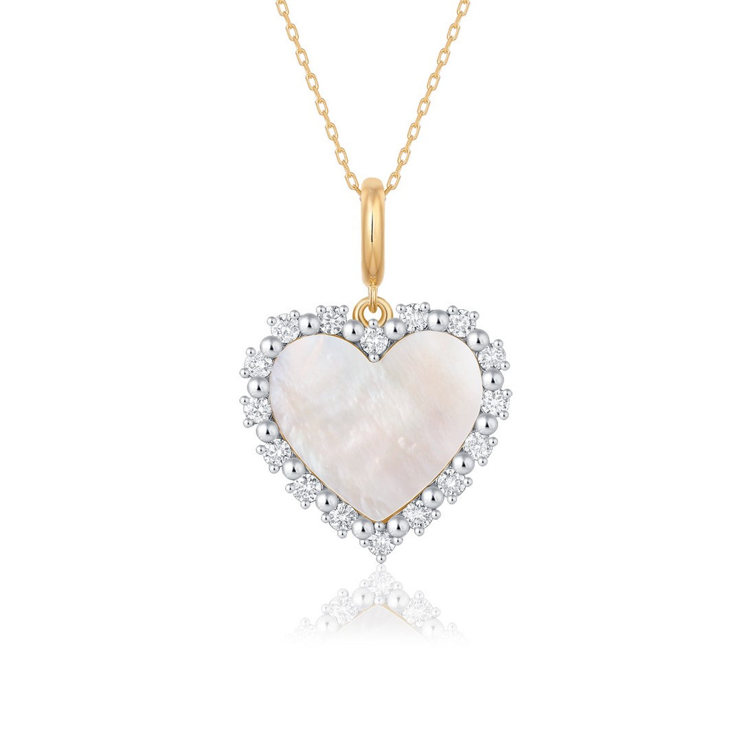 14K Yellow Gold Mother-of-Pearl Heart Pendant with Diamond Halo