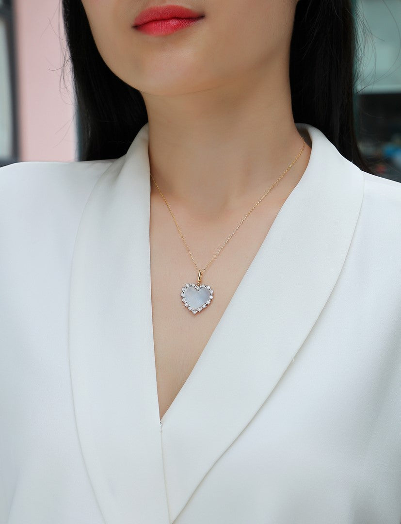 14K Yellow Gold Mother-of-Pearl Heart Pendant with Diamond Halo
