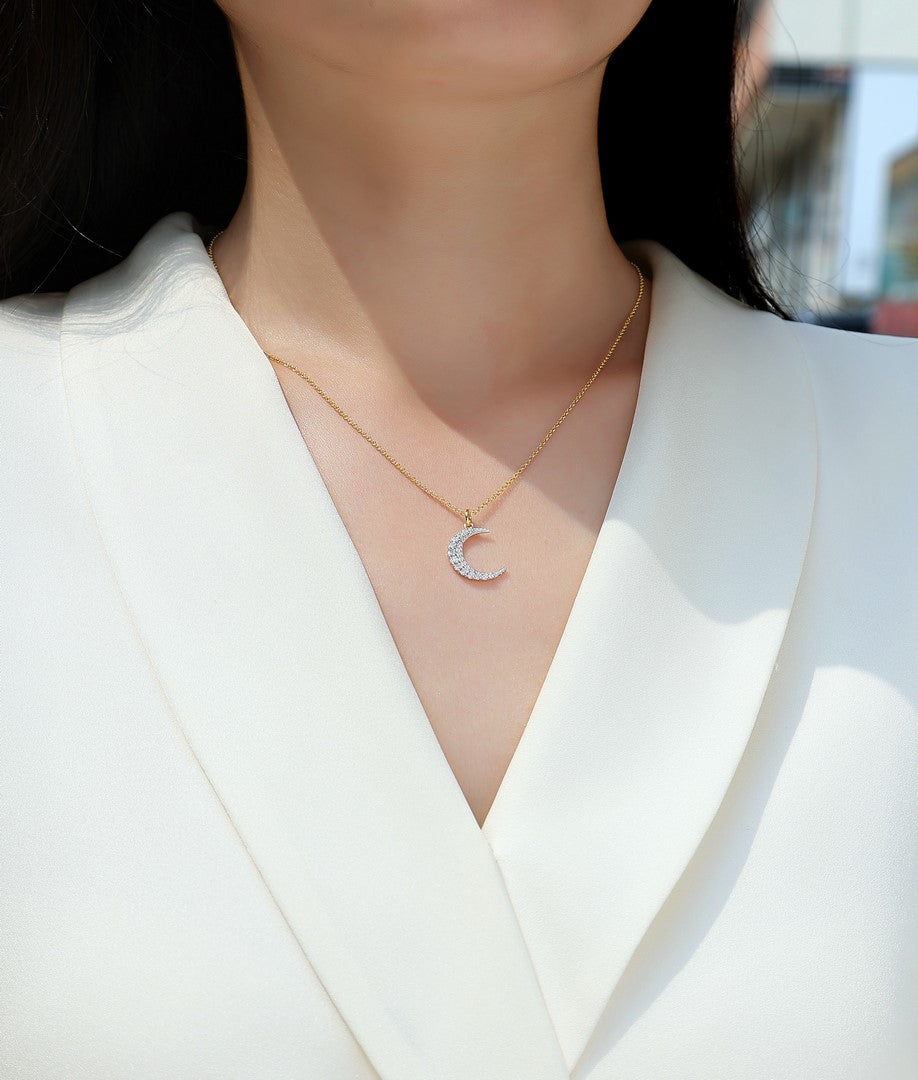 14K Yellow Gold Diamond Crescent Moon Pendant Necklace