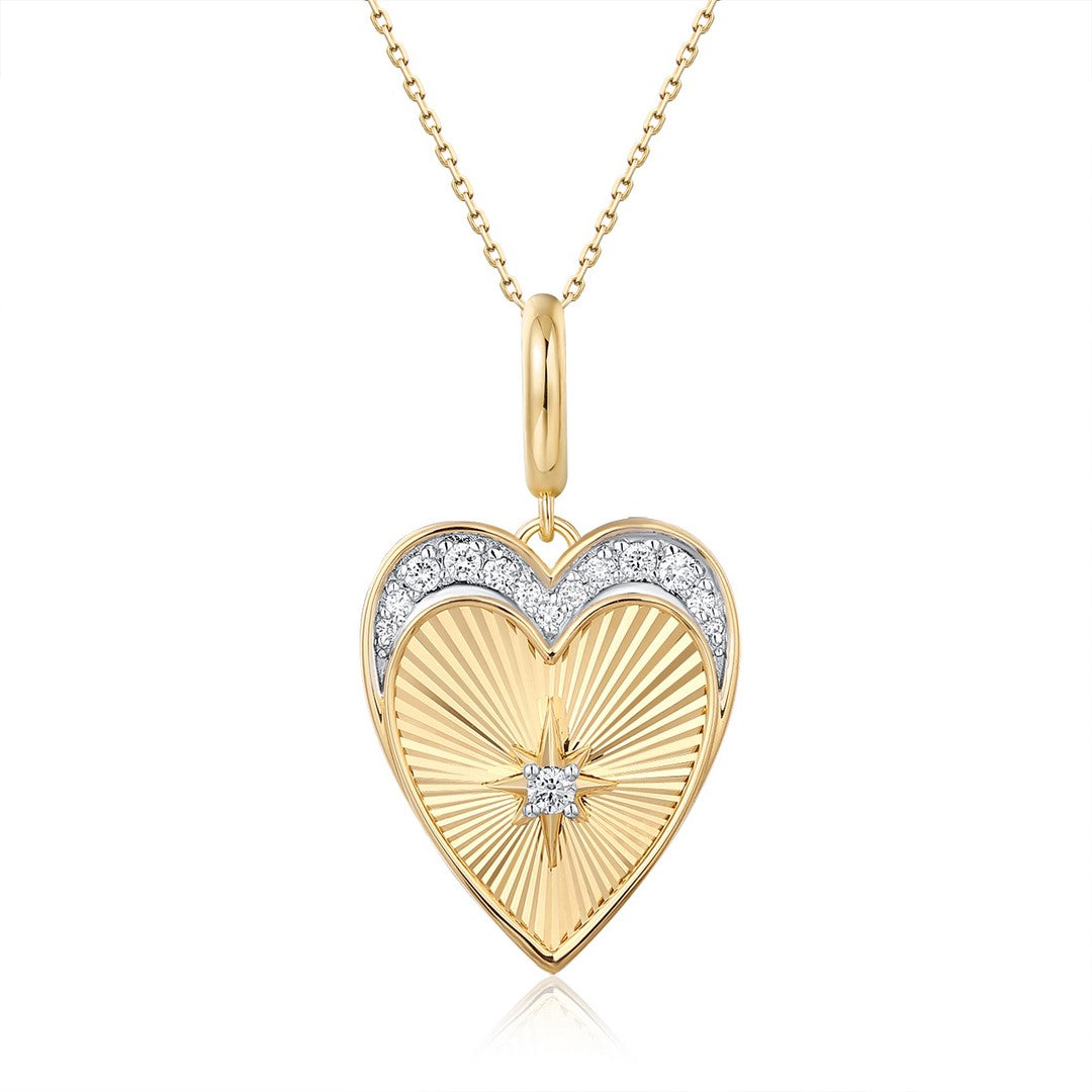 14K Yellow Gold Diamond Sunburst Heart Pendant Necklace