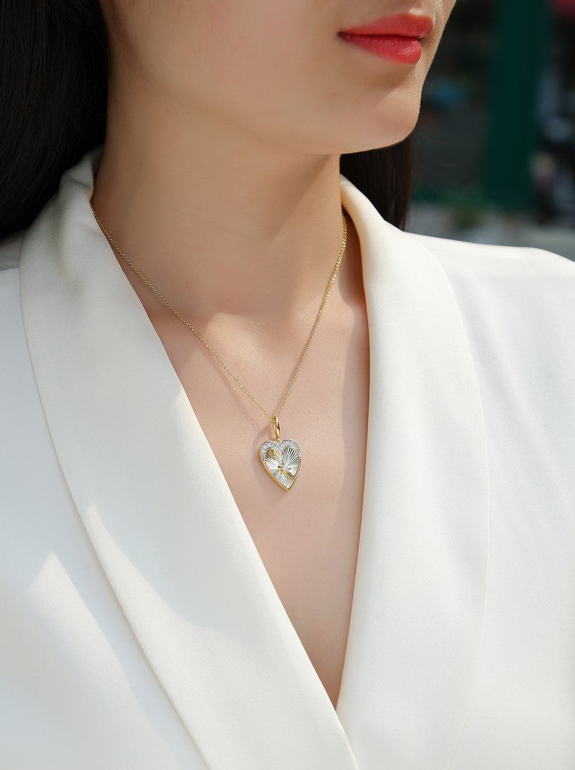 14K Yellow Gold Diamond Sunburst Heart Pendant Necklace