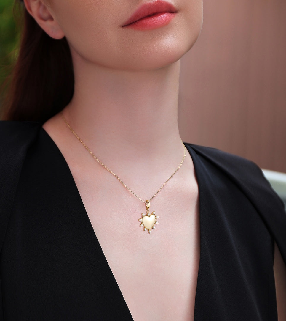14K Yellow Gold Diamond Starburst Heart Pendant Necklace