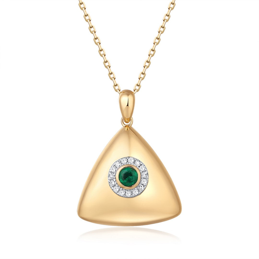 14K Yellow Gold Emerald & Diamond Halo Triangle Pendant Necklace