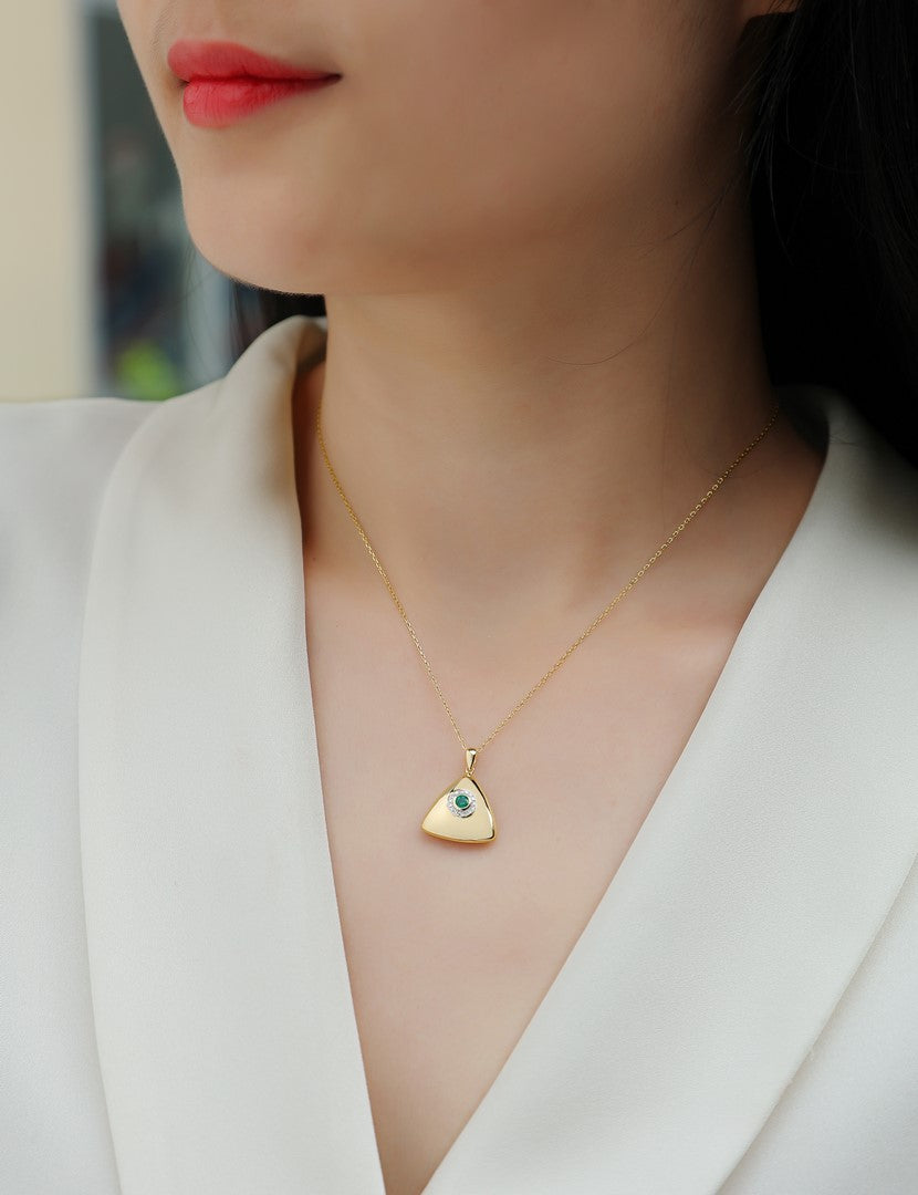14K Yellow Gold Emerald & Diamond Halo Triangle Pendant Necklace