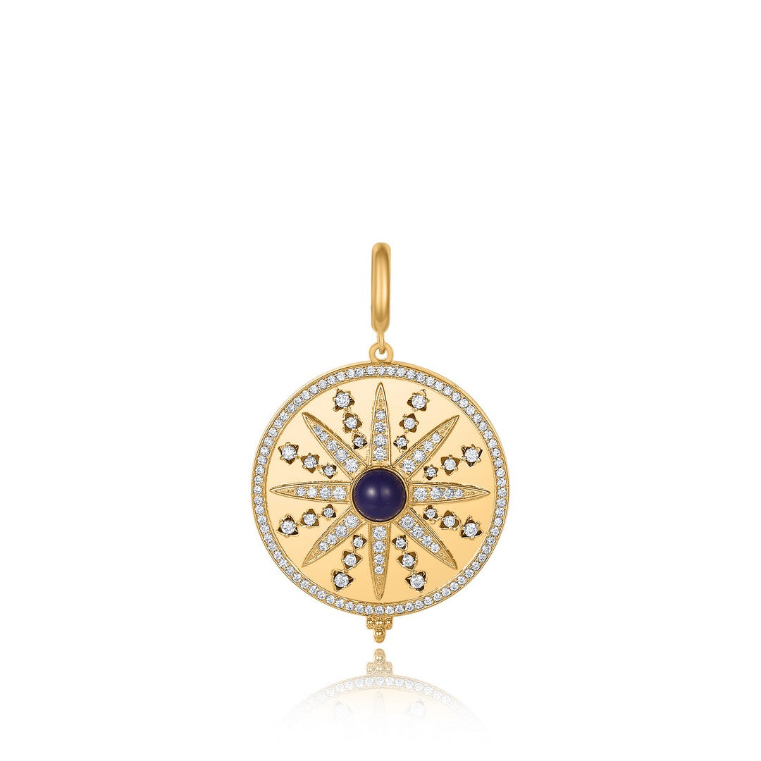 14K Yellow Gold Lapis Lazuli & Diamond Sunburst Medallion Pendant