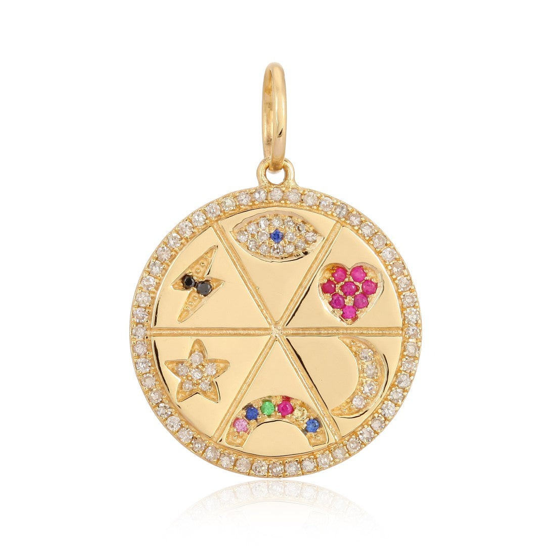 Multi-Symbol Gemstone Medallion Pendant with Diamond Halo in 14K Yellow Gold