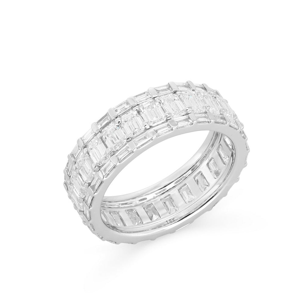 18k white gold eternity band with three rows of baguette-cut diamonds on a white background