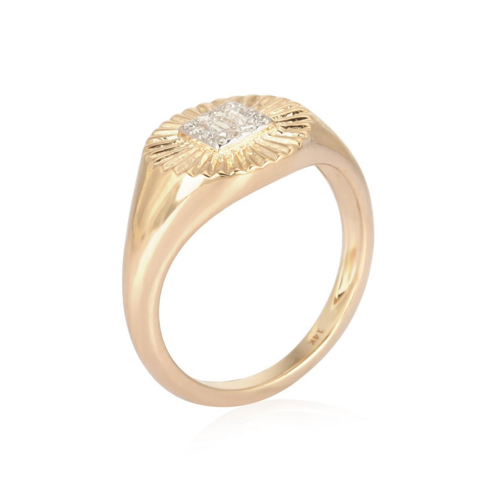 Yellow gold signet diamond ring with square diamond cluster and sunburst engraving - angled view