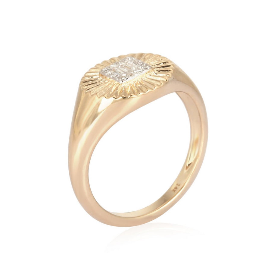 Yellow gold signet diamond ring with square diamond cluster and sunburst engraving