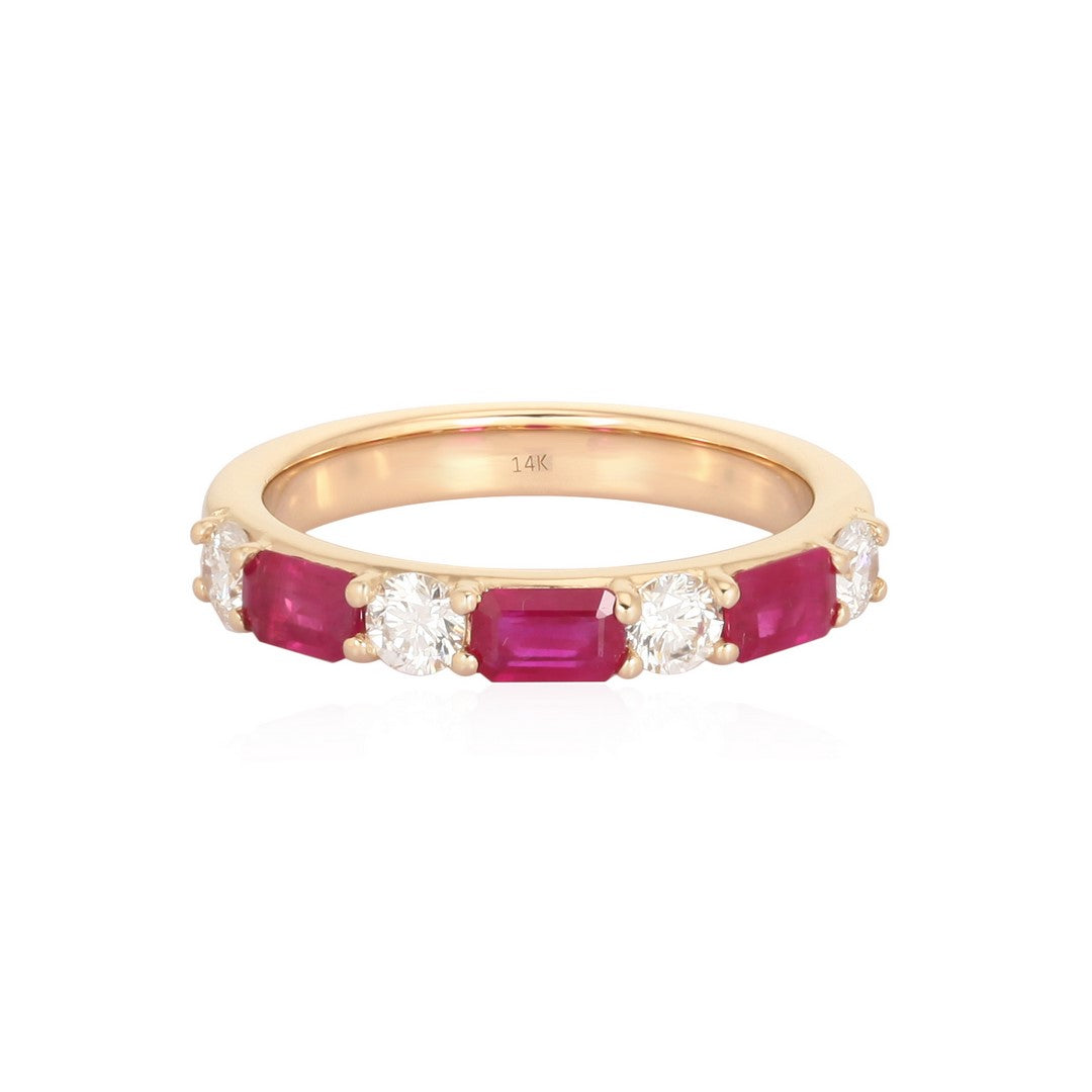 Yellow gold eternity band with alternating red gemstones and round diamonds