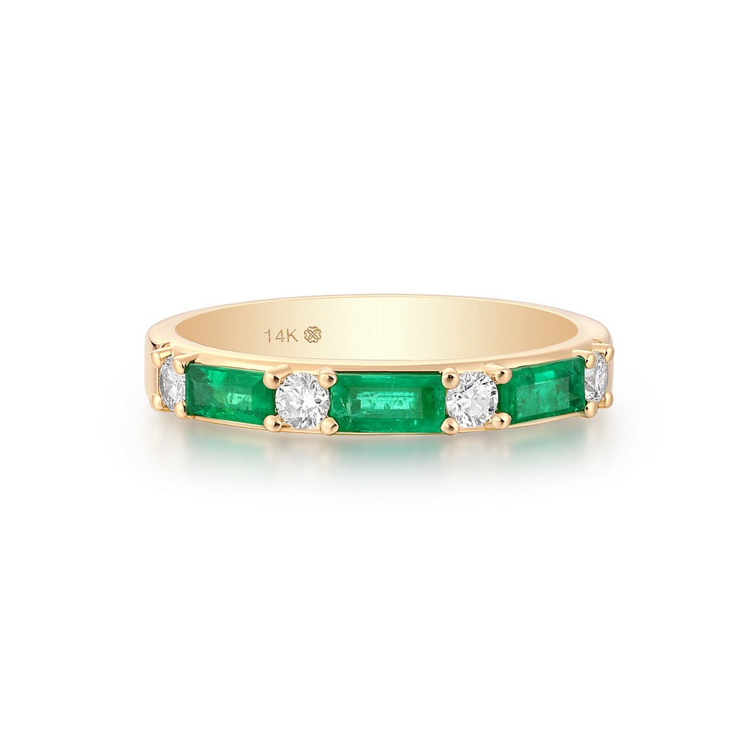 Yellow gold eternity band with alternating rectangular emerald stones and round diamonds