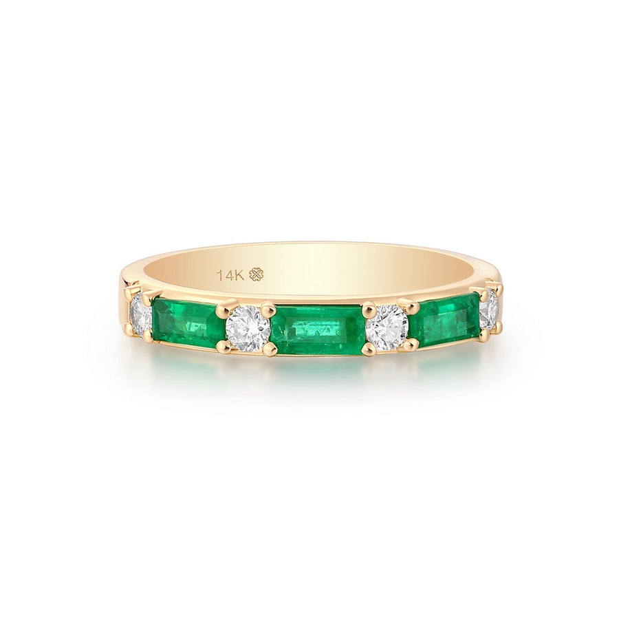 Yellow gold eternity band with alternating rectangular emerald stones and round diamonds
