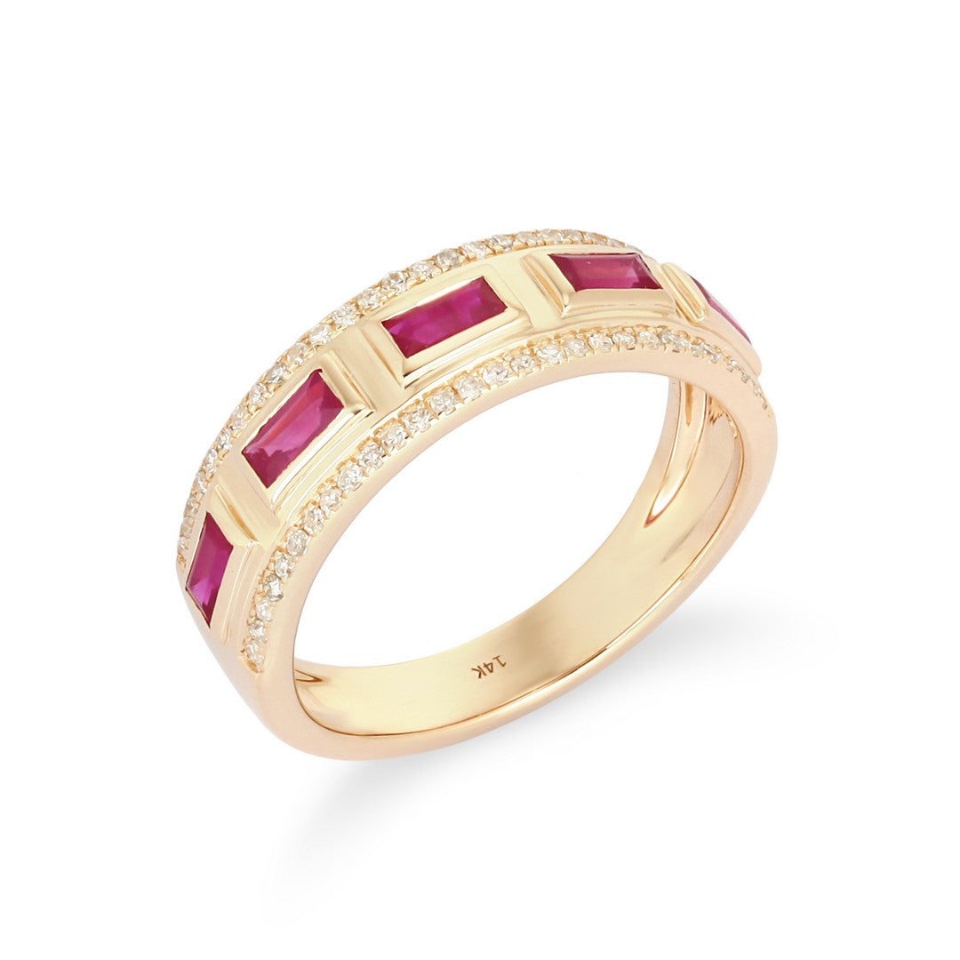 Yellow gold channel-set ring with baguette-cut red rubies and pavé diamond edges