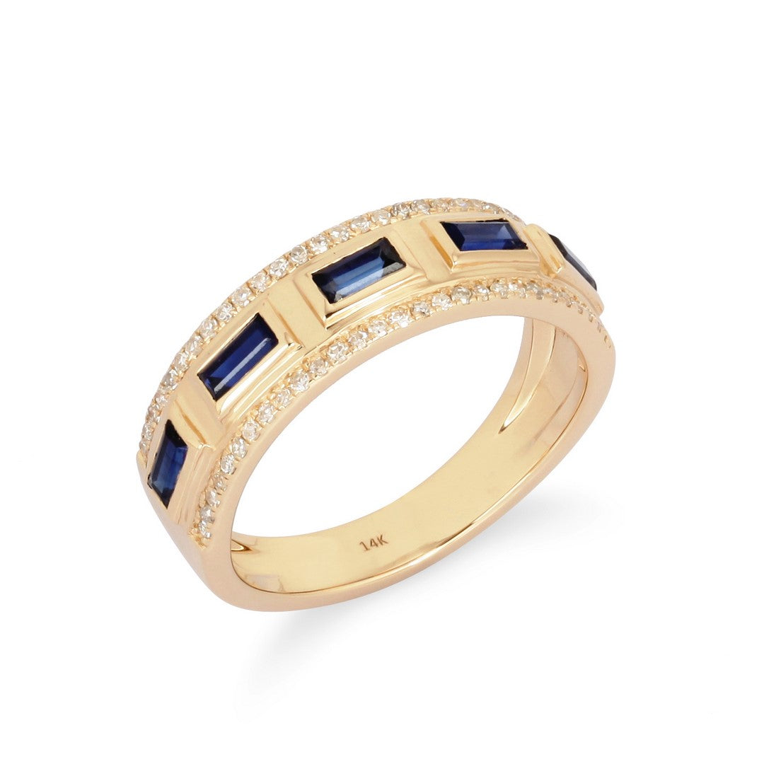 Yellow gold channel-set ring with baguette-cut blue sapphires and pavé diamond edges