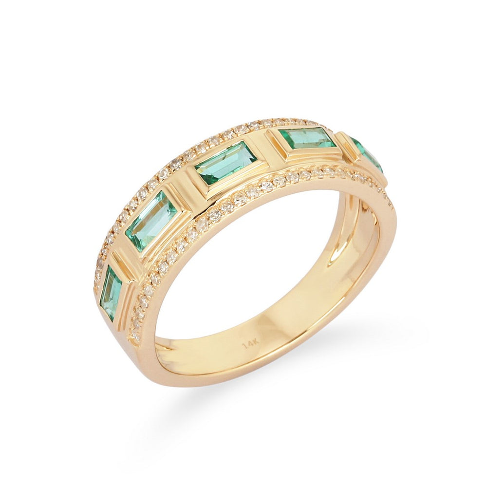 Yellow gold channel-set ring with baguette-cut green emeralds and pavé diamond edges