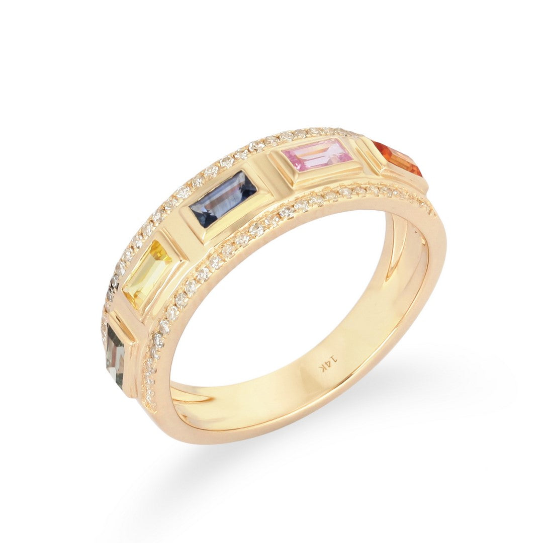 Yellow gold channel-set ring with multi-coloured baguette gemstones and pavé diamond edges