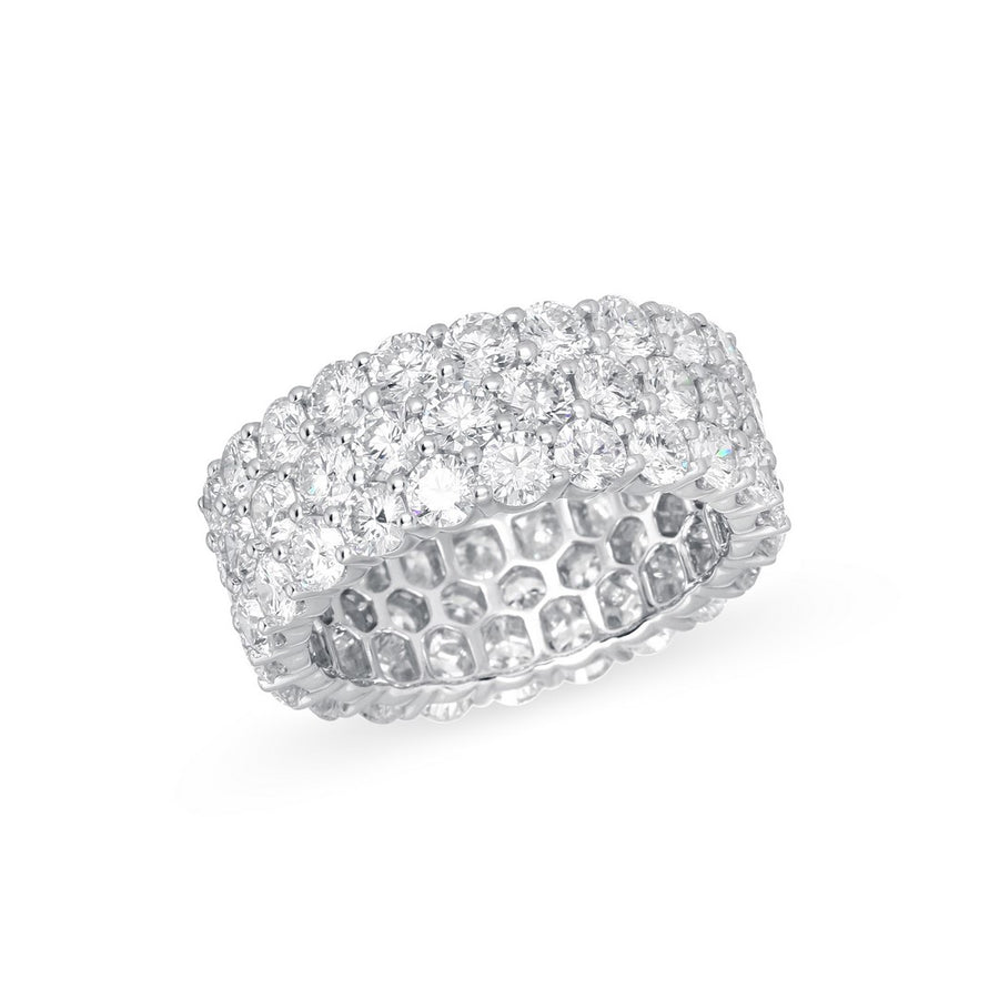 White gold triple-row eternity ring with three rows of clear diamonds pave-set around the band