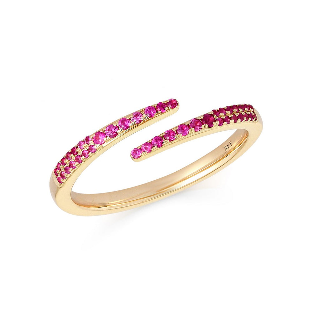 Yellow gold open wrap ring with pavé-set pink rubies on a white background