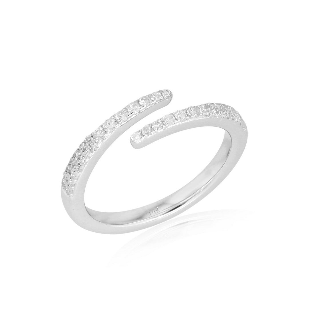 White gold open wrap ring with pavé-set diamonds on a white background