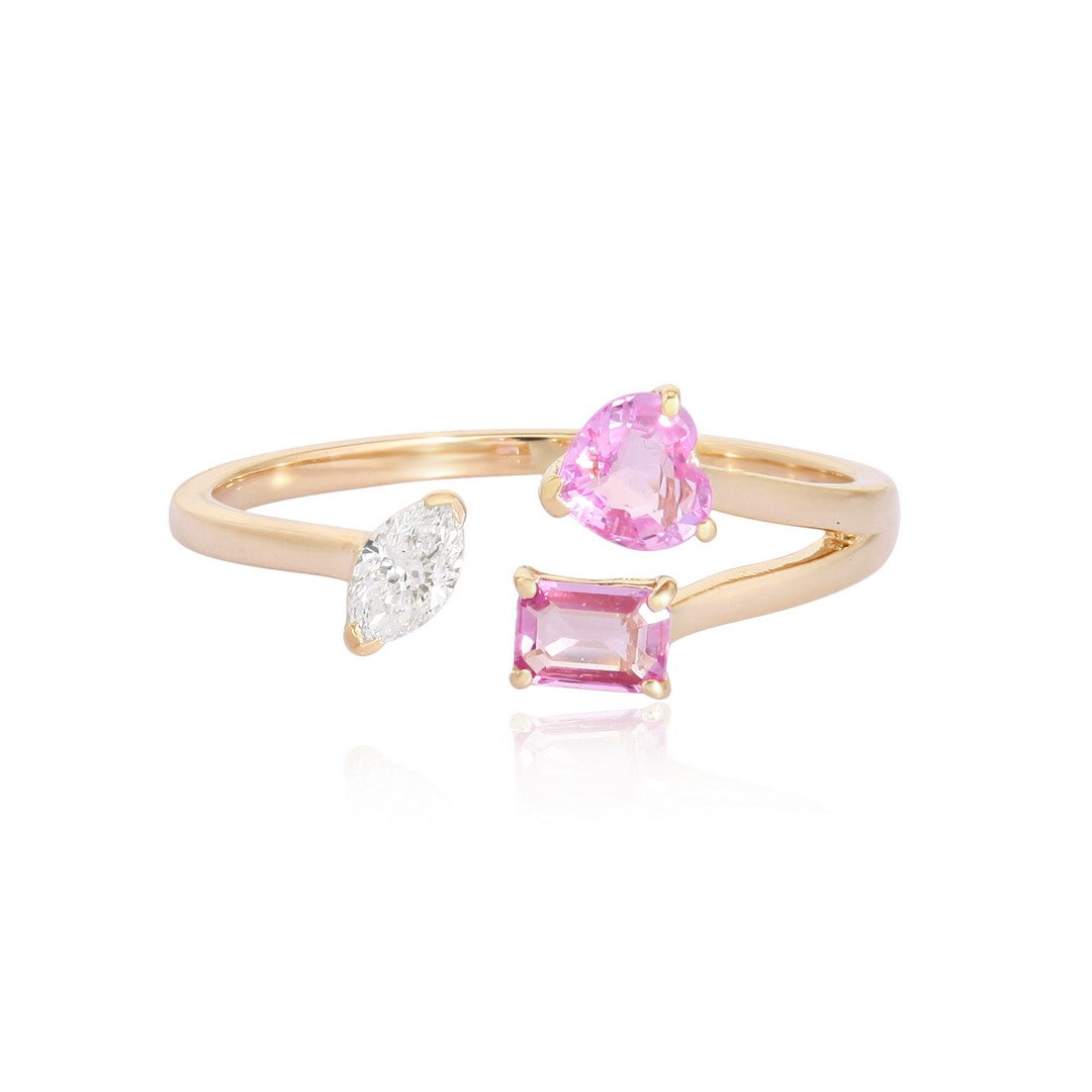 Yellow gold open bypass ring with a pear-shaped diamond and pink gemstones on a white background - side view