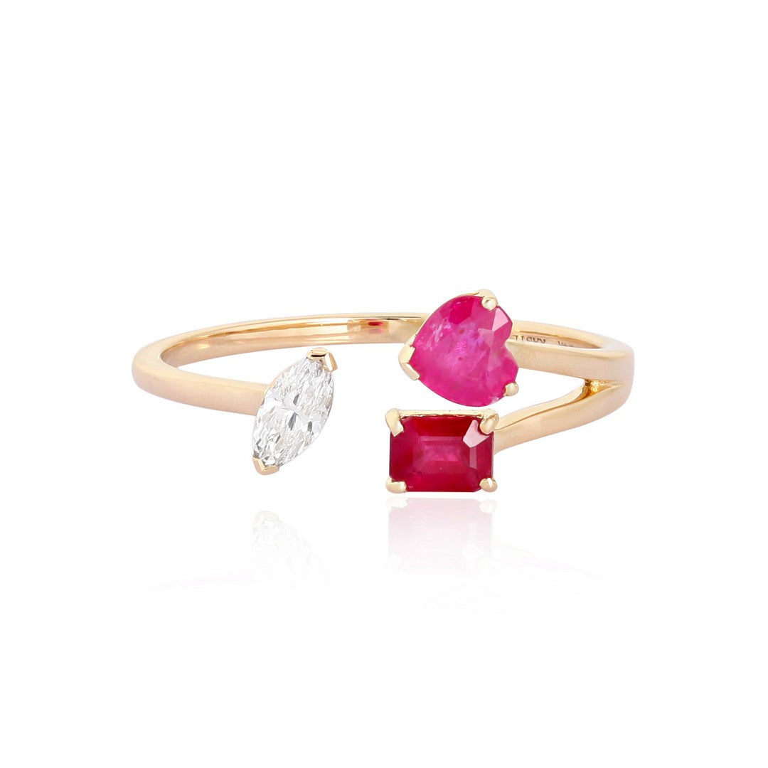 Yellow gold open bypass ring with a pear-shaped diamond, pink heart-shaped gemstone, and red gemstone on a white background