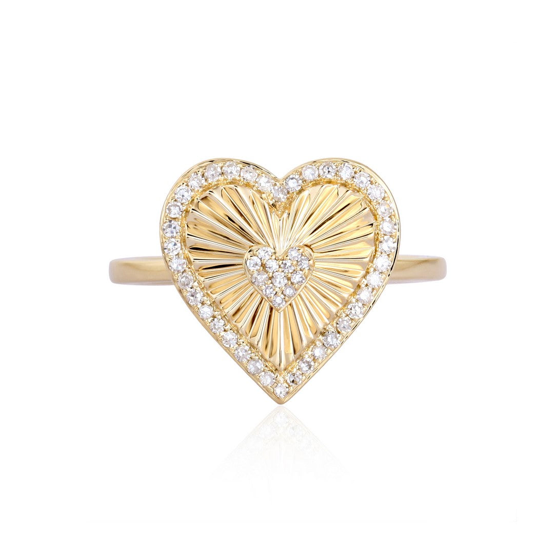14k Yellow Gold Diamond Sunburst Heart Ring