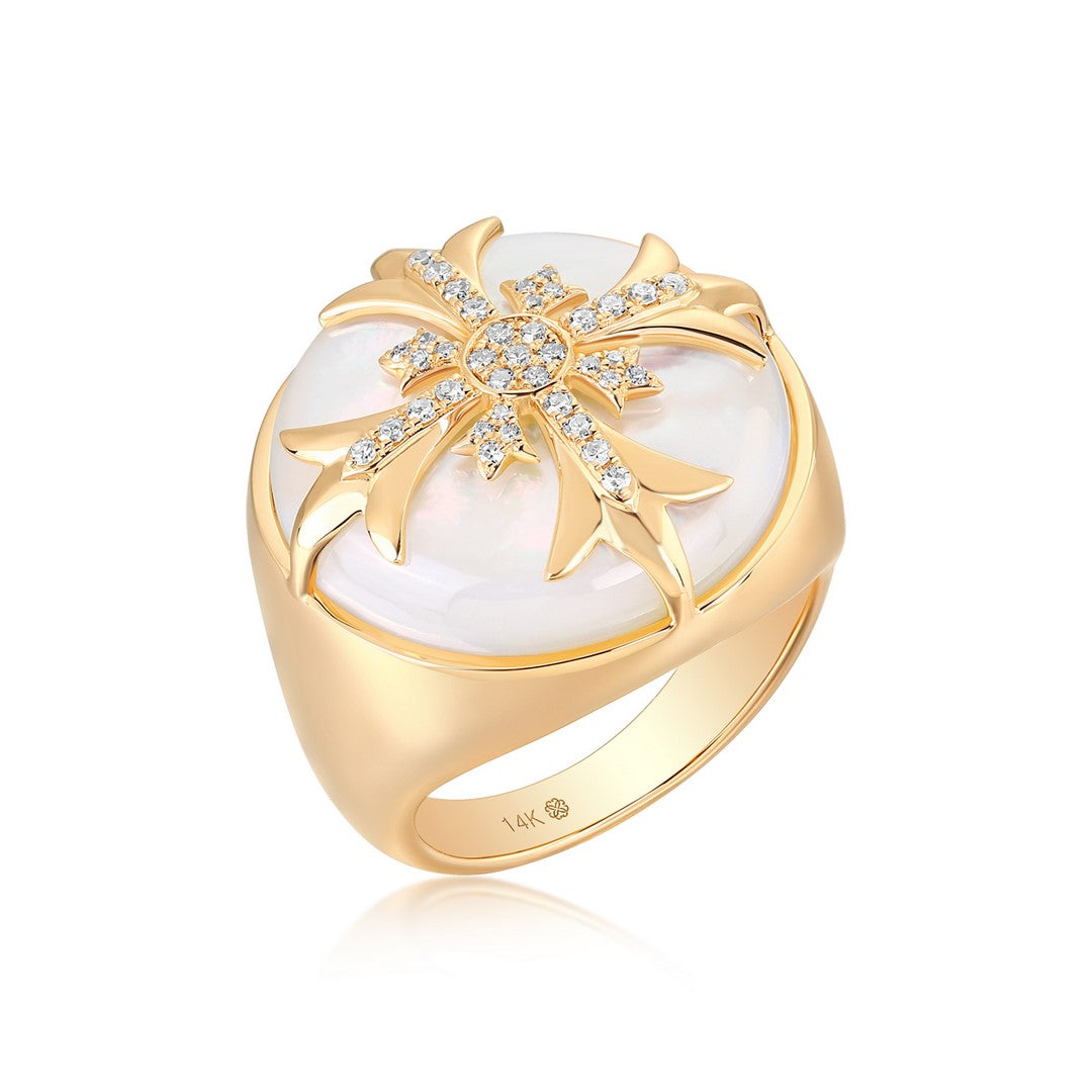 14k Yellow Gold Mother-of-Pearl Sunburst Diamond Cocktail Ring