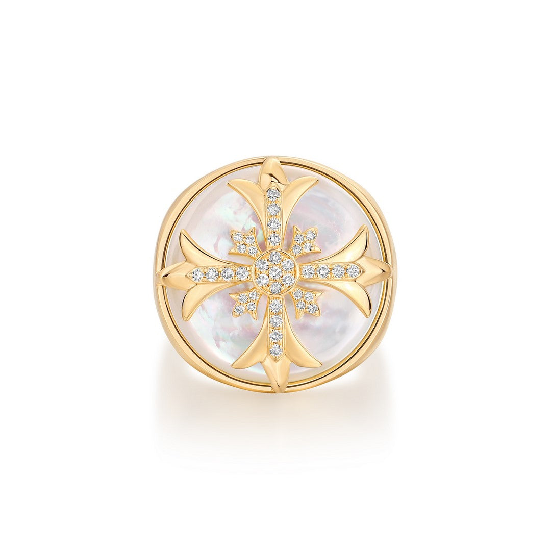 14k Yellow Gold Mother-of-Pearl Sunburst Diamond Cocktail Ring