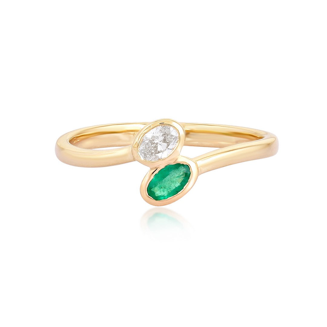 14k Yellow Gold Emerald & Diamond Two-Stone Bypass Ring