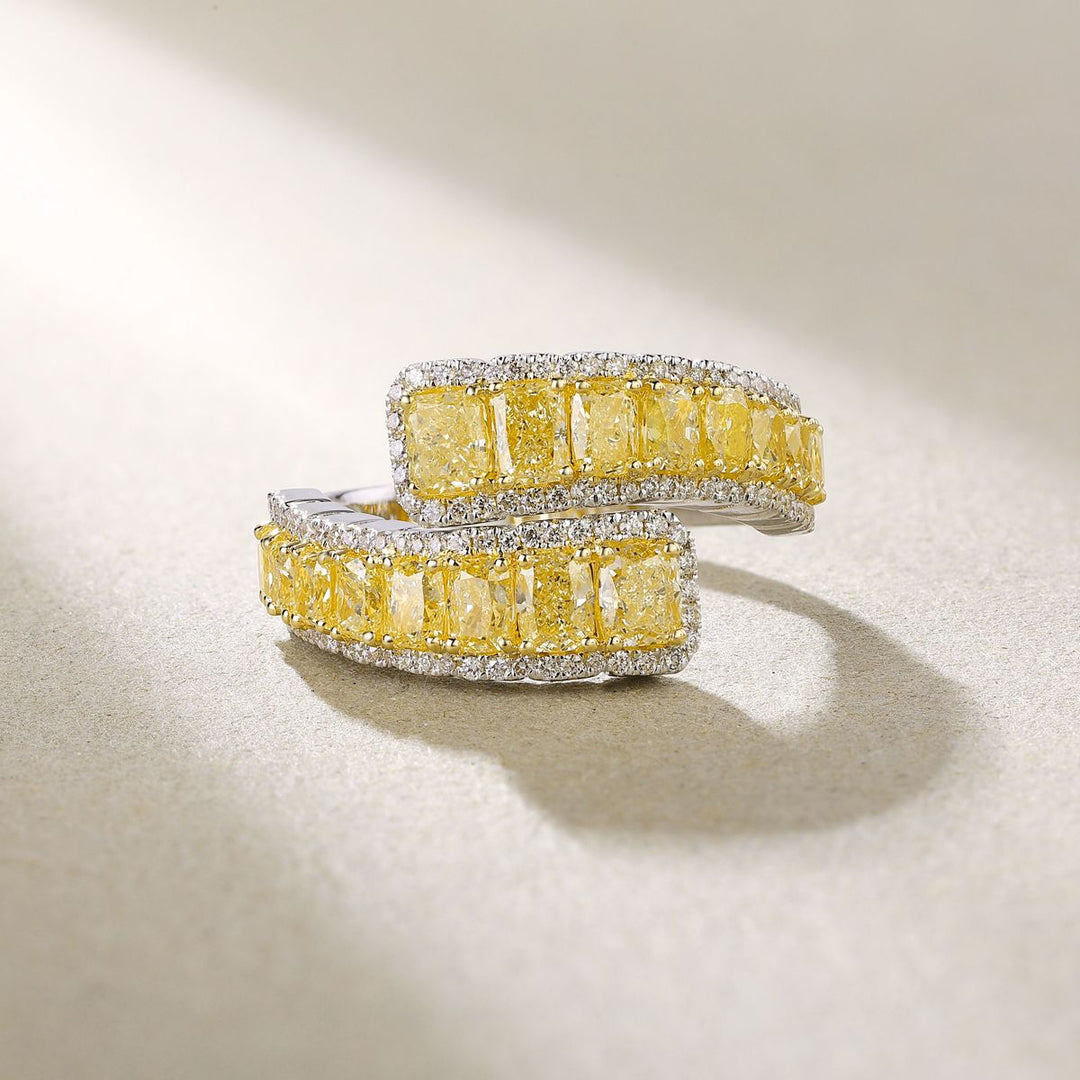 18k White Gold Yellow Octagon Diamond & White Diamond Curved Band Ring Set