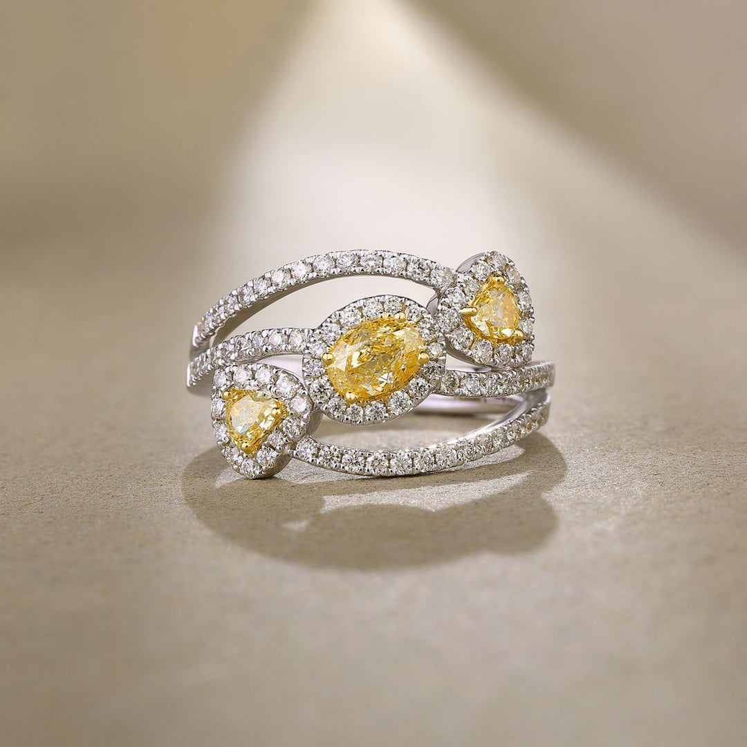 18k White Gold Yellow Oval & Heart Diamond Halo Swirl Ring