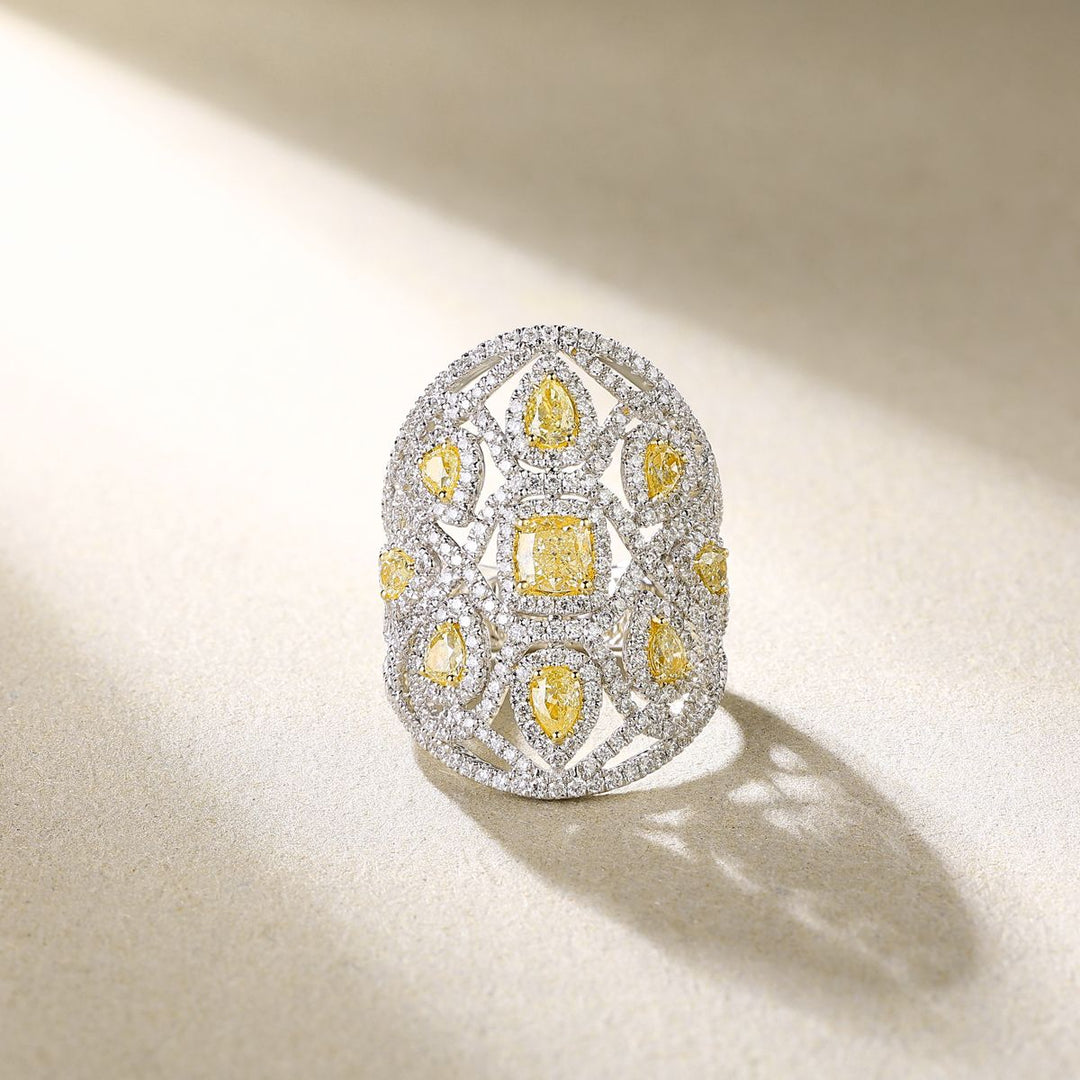 18k White Gold Fancy Yellow Diamond Cluster Ring