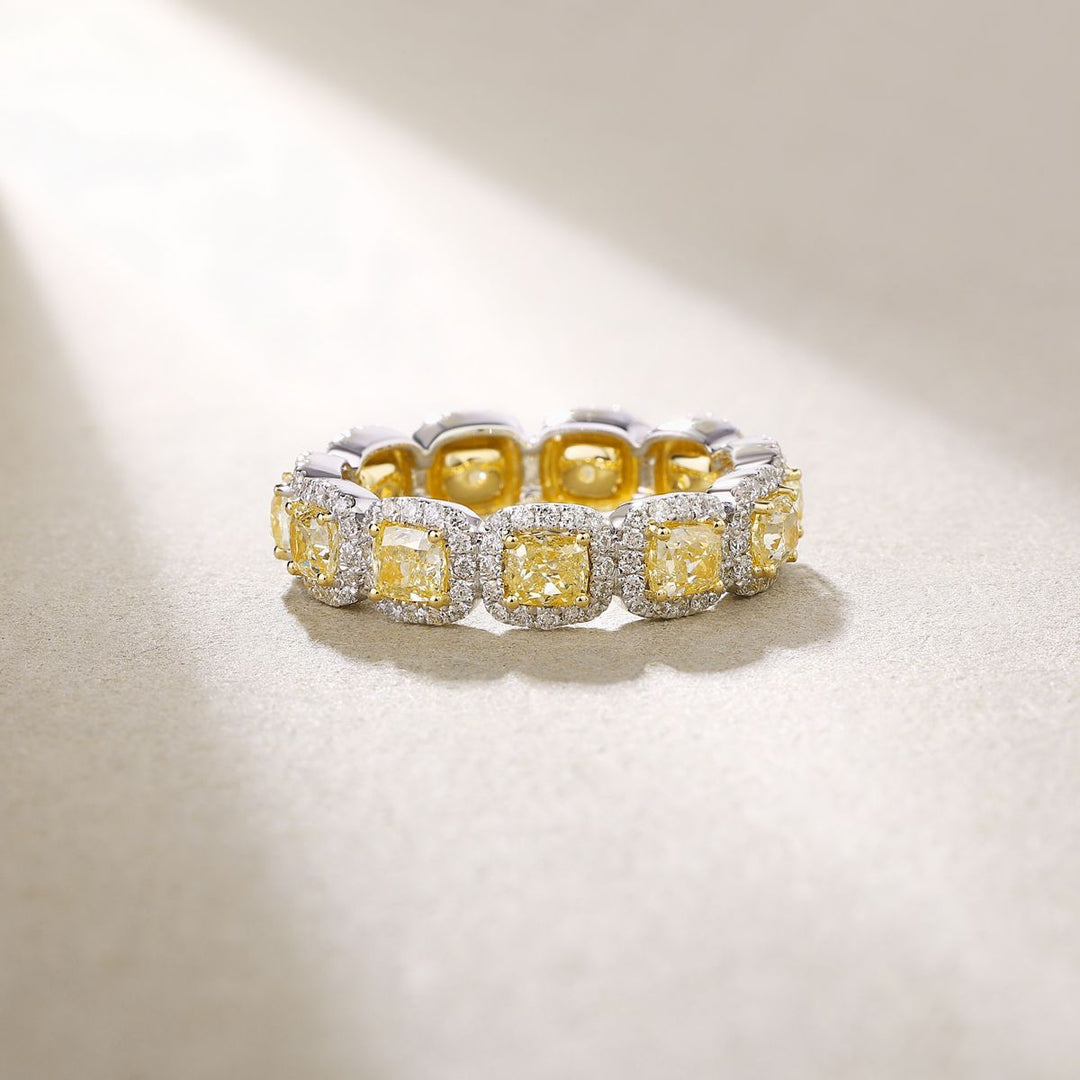 18k White Gold Cushion-Cut Yellow Diamond Halo Eternity Band