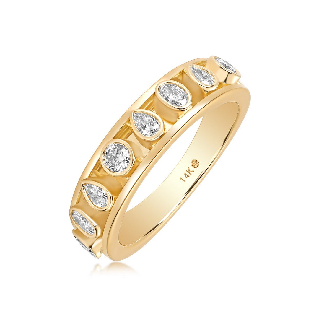 14k Yellow Gold Pear & Round Diamond Bezel Band Ring