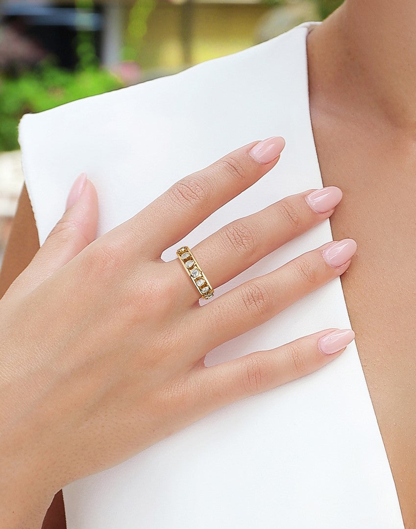 14k Yellow Gold Pear & Round Diamond Bezel Band Ring