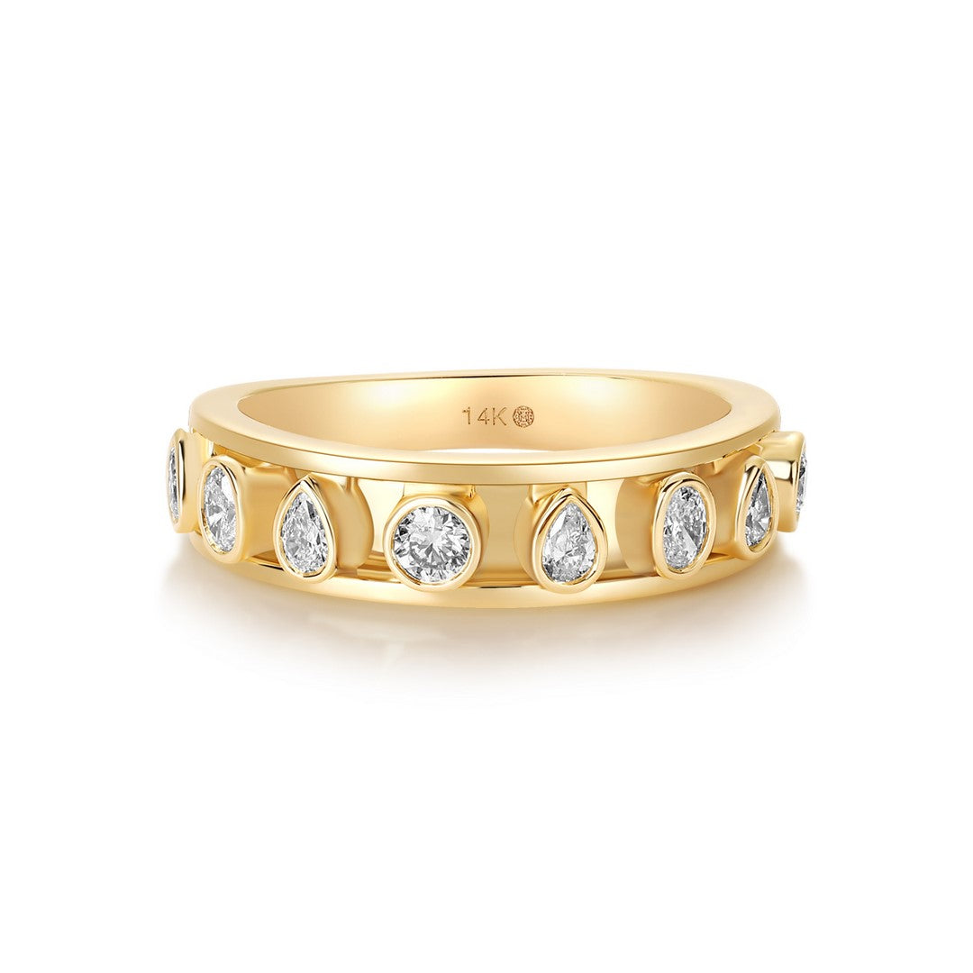 14k Yellow Gold Pear & Round Diamond Bezel Band Ring