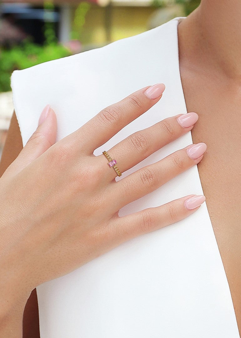 14k Yellow Gold Pink Sapphire Chain-Link Band Ring