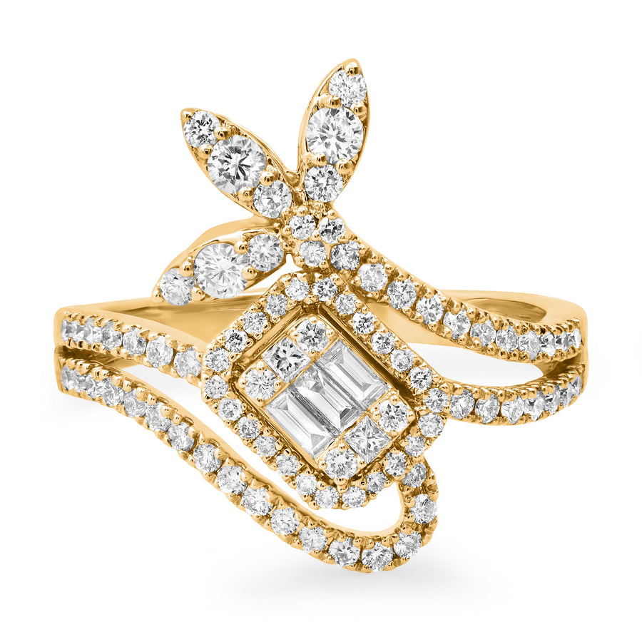 Yellow gold ring set with square baguette diamond cluster and leaf-shaped diamond accents on a white background