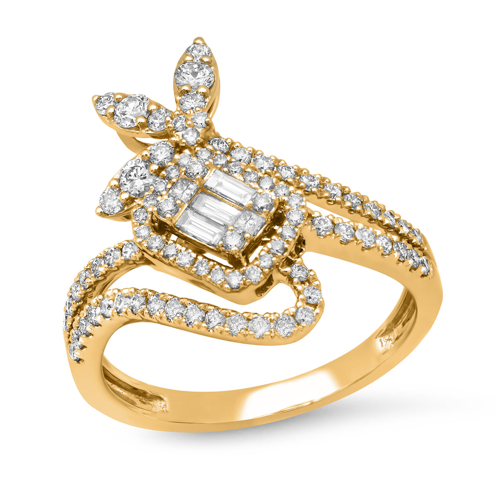 Yellow gold ring with square baguette diamond cluster and leaf-shaped diamond accents with curved band - angled view on a white background