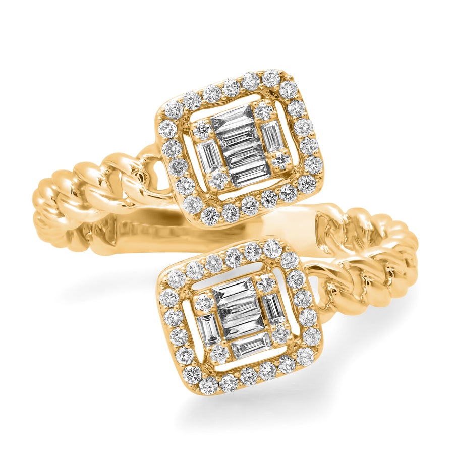 Yellow gold twisted rope band ring with a square halo of baguette and round diamonds on a white background